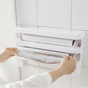 ☑Multifunction【3 in 1】Kitchen Storage Shelf Aluminum Film Plastic Wrap Cutter Hang Rack